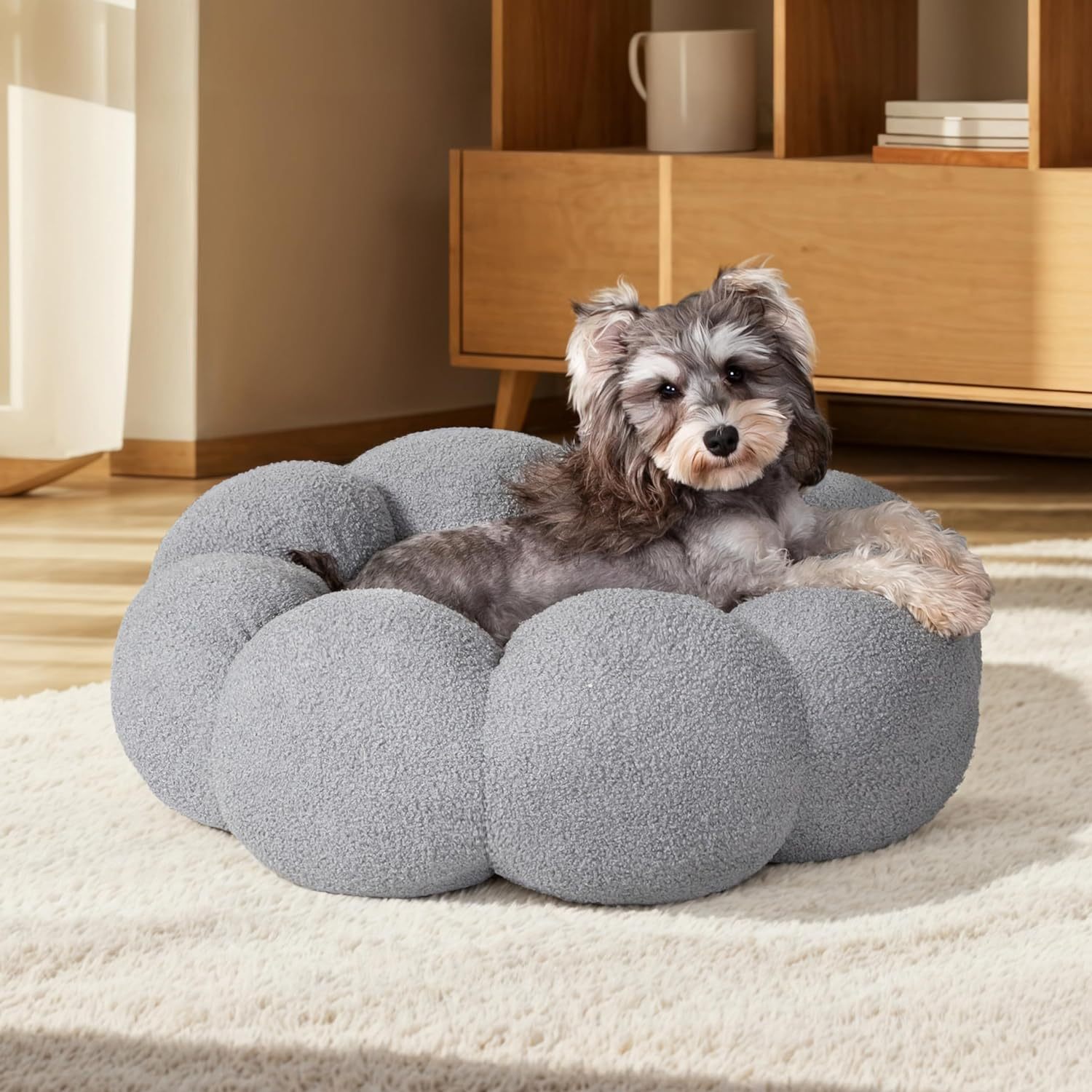 Calming Cat Beds For Indoor Cats Fluffy Flower Cat Dog Bed In Plush Teddy Sherpa Round Donut Cuddler Puppy Bed Non Slip Machine Washable Pet Bed