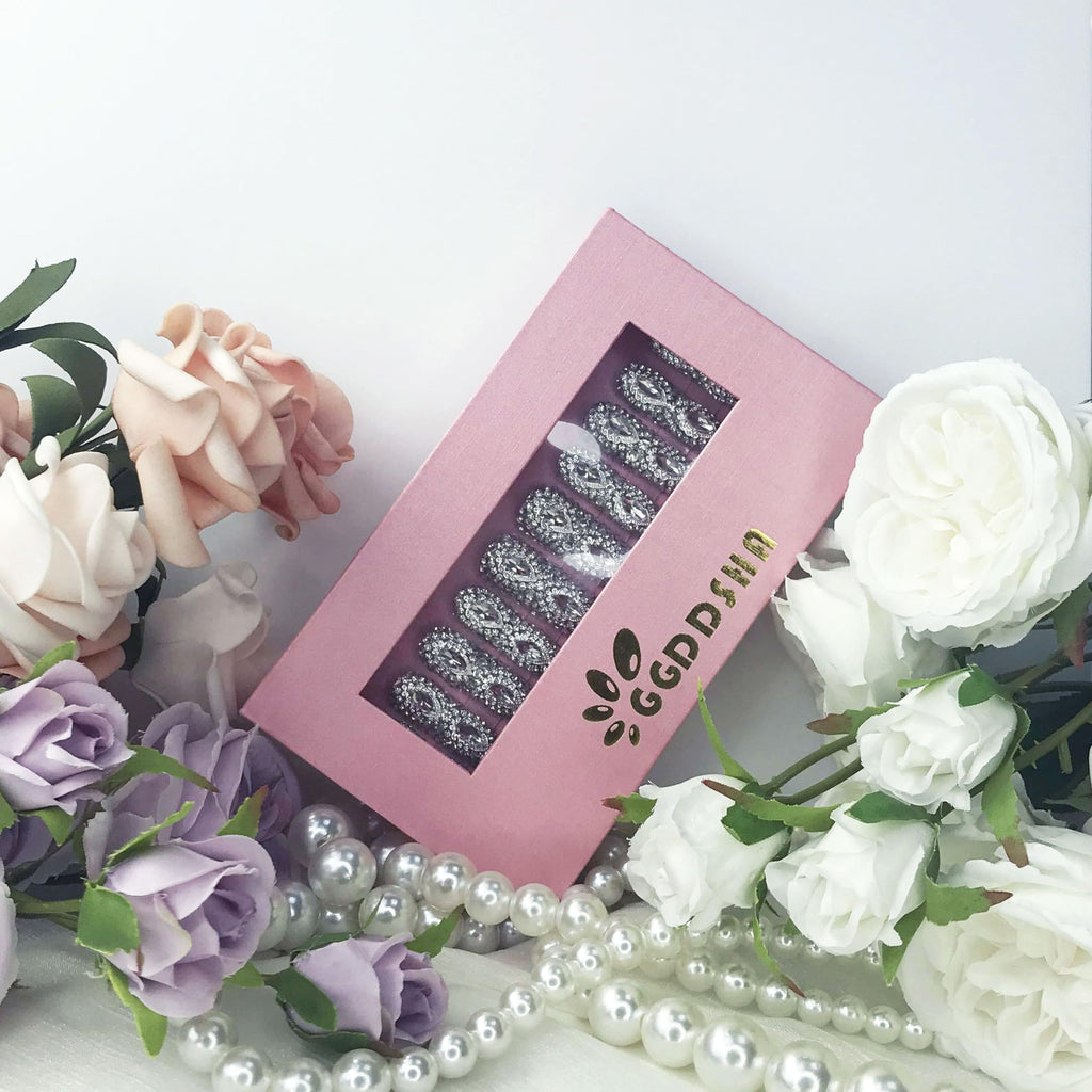 "Queen " Full Diamond Long NailsPMMA Acrylic Handmade Full Deluxe 3D Crystal Fake Nailsw Box, Gift For Women,Luxe Divinity