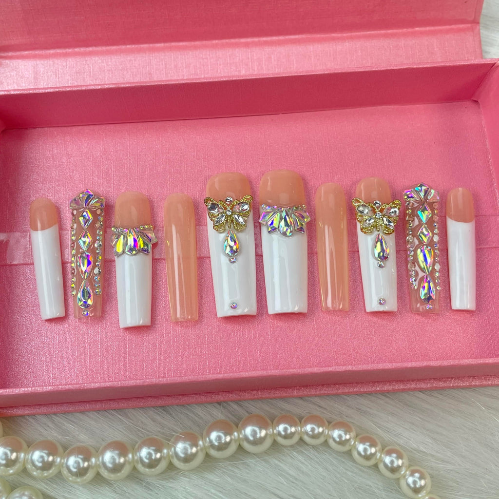 "Girls Night" Nails  With 3D Flower  Press Ons French Tip,Handmade Acrylic Artificial Nails Summer Natural Stick OnNails For WomenOpal Whisper