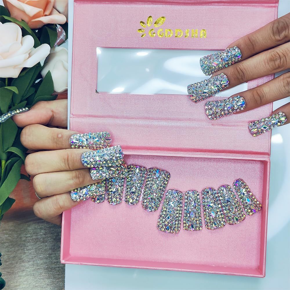 Full Diamond Duck Nails Medium Square ReusablePMMA Acrylic Nails Handmade Full Coverage Deluxe 3DCrystal Fake Nail With Box Gift For Women,Aurora Edge
