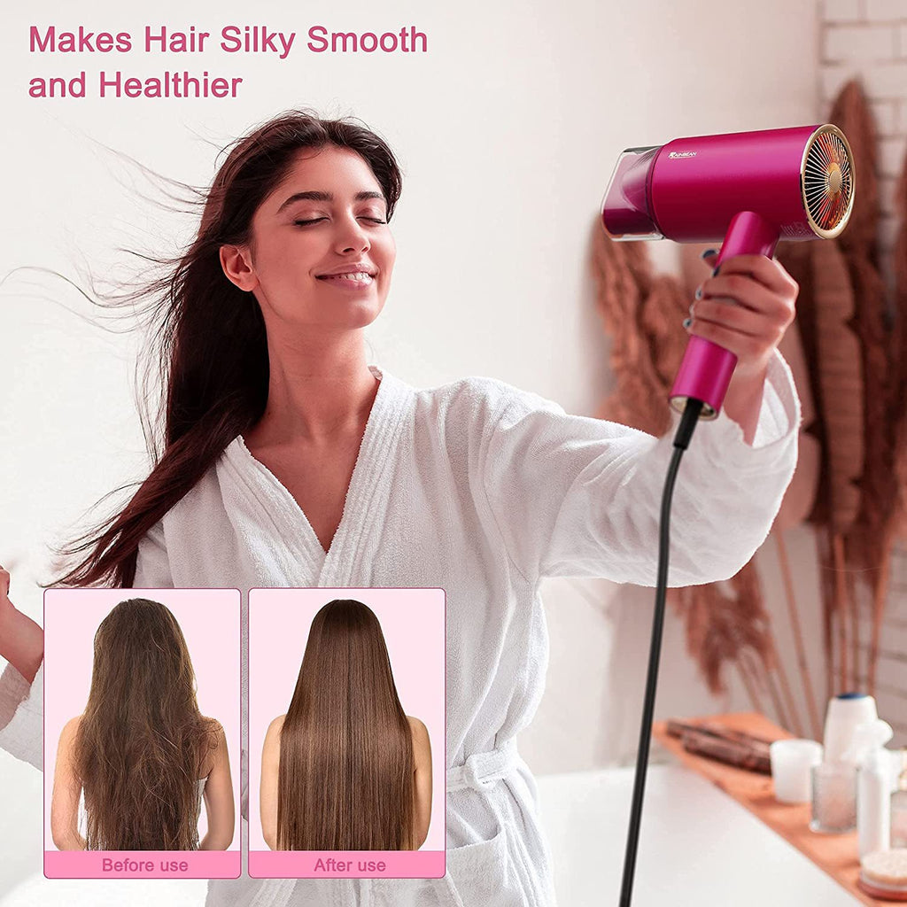 Ionic Hair Dryer, 1800W Blow Dryer With Magnetic Nozzle 2 Speed And 3 Heat Settings Powerful Low Noise Fast Drying Travel Hair Dryer For Home Travel