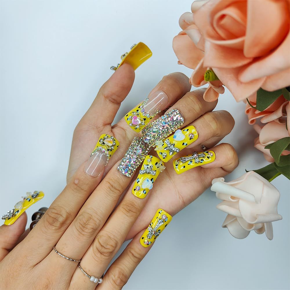 "Lemonade" Duck Nails Handmade PMMA Acrylic MediumSquare Fake Nails With Rhinestones Love Butterfly DesignReusable Full Coverage Duck Ladies Fake Nail,Sunlit Cherub