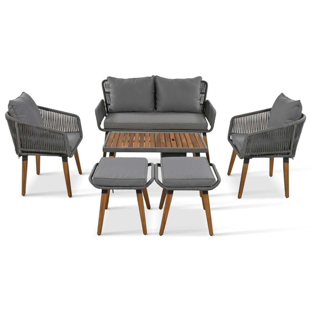 K&K 6-Piece Rope Patio Furniture Set, Outdoor Furniture With Acacia Wood Cool Bar Table With Ice Buc