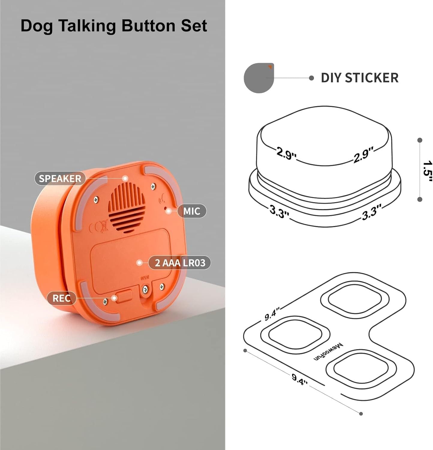 Dog Talking Buttons Set - 3 Recordable Communication Buttons With