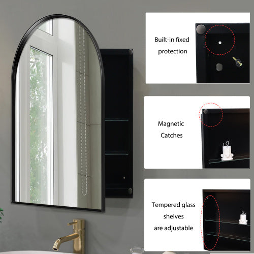 24x36 Inch Arched Recessed Medicine Cabinet, Metal Framed Bathroom Wall Cabinet With Mirror And Adjustable Shelves, Wall Mirror With Storage For Bathroom, Matte Black