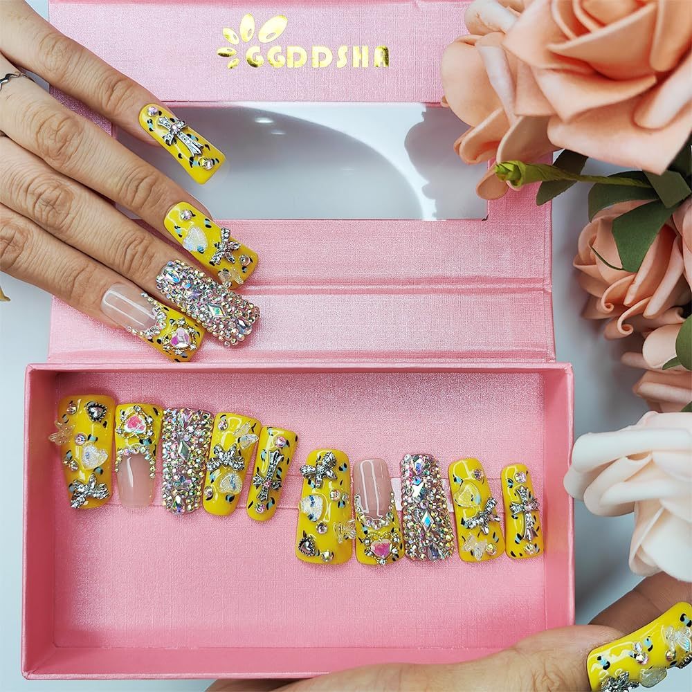 "Lemonade" Duck Nails Handmade PMMA Acrylic MediumSquare Fake Nails With Rhinestones Love Butterfly DesignReusable Full Coverage Duck Ladies Fake Nail,Sunlit Cherub