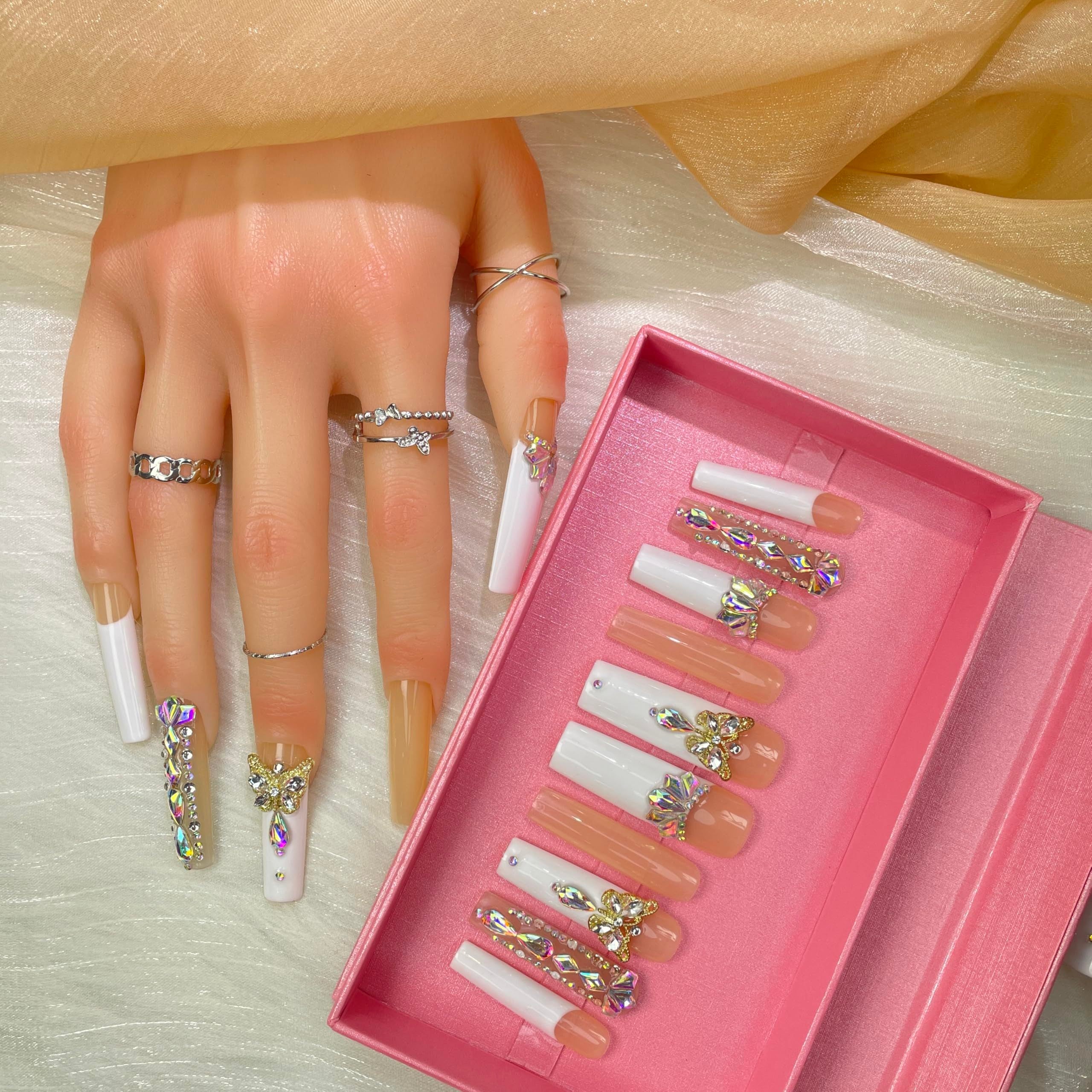 "Girls Night" Nails  With 3D Flower  Press Ons French Tip,Handmade Acrylic Artificial Nails Summer Natural Stick OnNails For WomenOpal Whisper