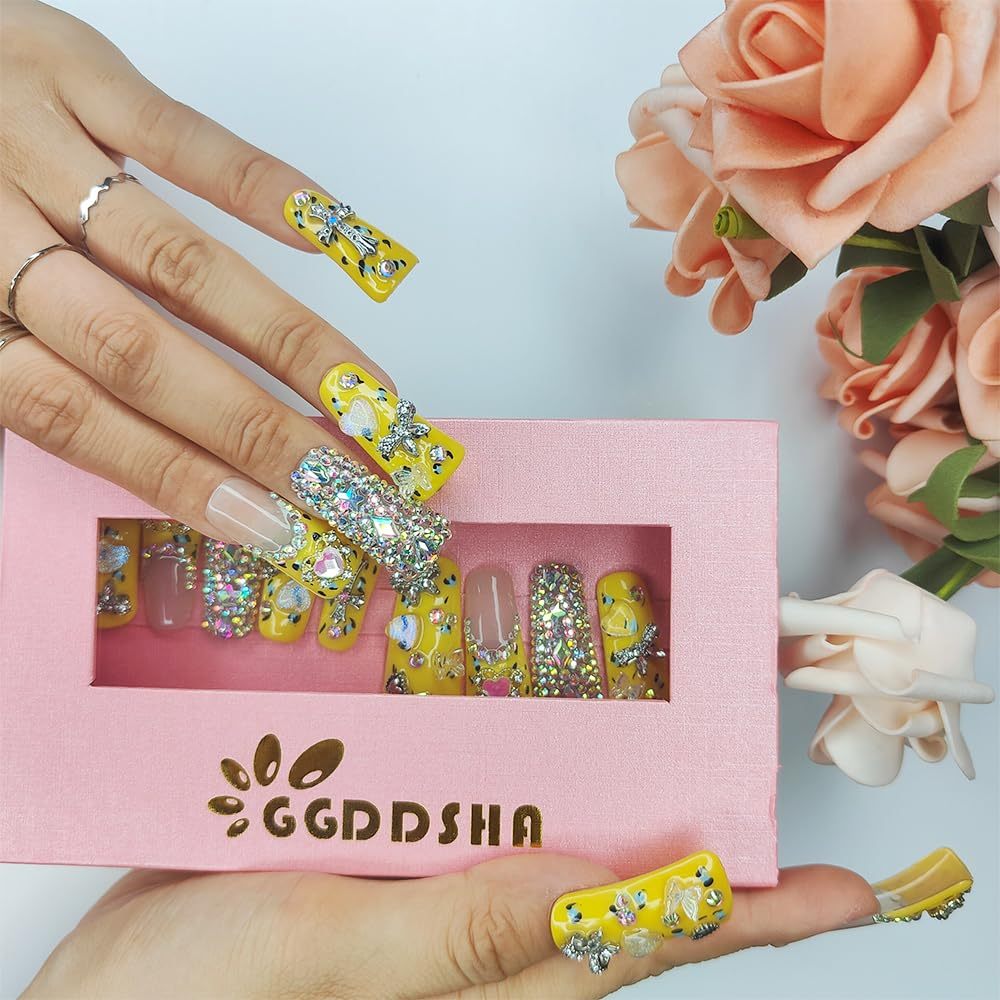 "Lemonade" Duck Nails Handmade PMMA Acrylic MediumSquare Fake Nails With Rhinestones Love Butterfly DesignReusable Full Coverage Duck Ladies Fake Nail,Sunlit Cherub