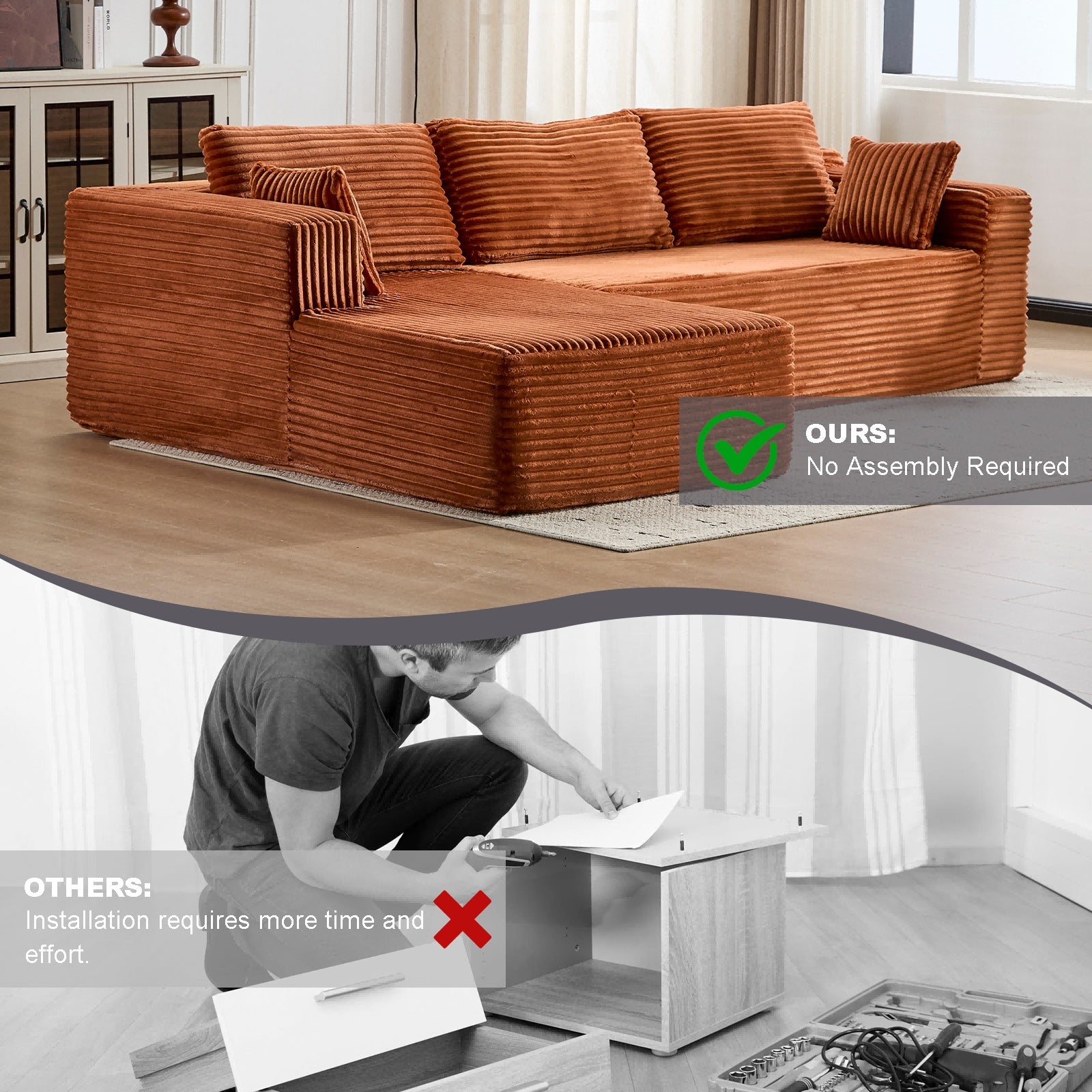 Compression Sectional Couch With Comfy Chaise, Boneless L Shape Sofa With Deep Seat, Minimalist Modular Couches Sleeper For Living Room Bedroom Apartment Lounge,Corduroy,Brown