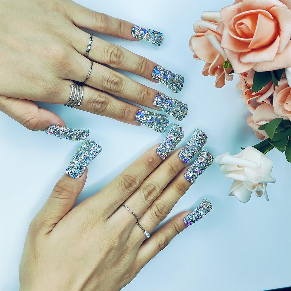 Full Diamond Duck Nails Medium Square ReusablePMMA Acrylic Nails Handmade Full Coverage Deluxe 3DCrystal Fake Nail With Box Gift For Women,Aurora Edge