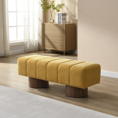 Upholstered Dining Bench For Dining Room, No-Assembly End Of Bed Entryway Bench Ottoman For Bedroom Living Room, Beige Chenille Fabric Stool Top Wood Leg 300 LBS Weight Capacity