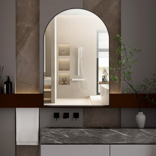 24x36 Inch Arched Recessed Medicine Cabinet, Metal Framed Bathroom Wall Cabinet With Mirror And Adjustable Shelves, Wall Mirror With Storage For Bathroom, Matte Black