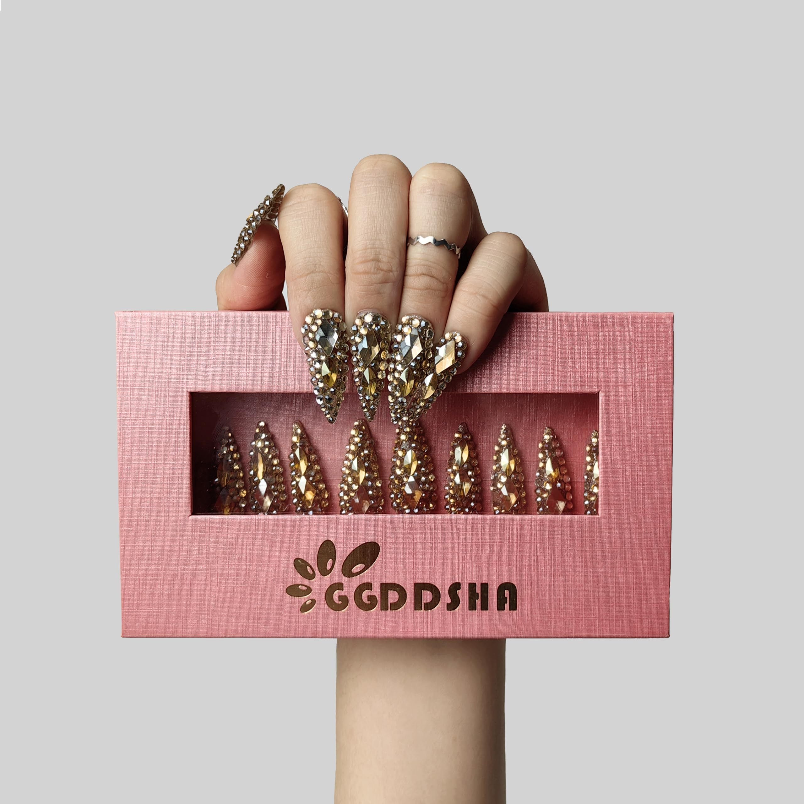 "Golden Hour" Full Diamond Medium Almond Press On NailsReusable PMMA Acrylic Handmade Nails Full Deluxe 3DCrystal Fake Nails W Box Gift For Women,Crown Jewel