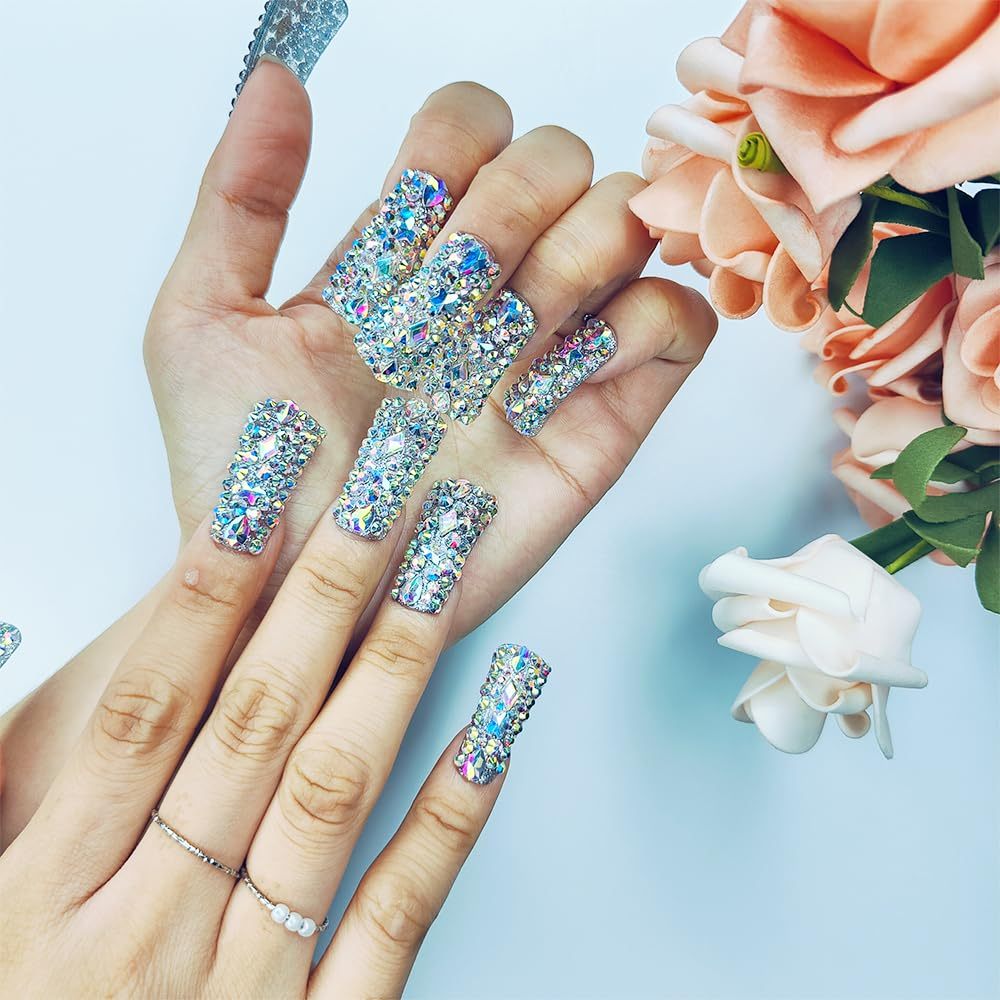 Full Diamond Duck Nails Medium Square ReusablePMMA Acrylic Nails Handmade Full Coverage Deluxe 3DCrystal Fake Nail With Box Gift For Women,Aurora Edge