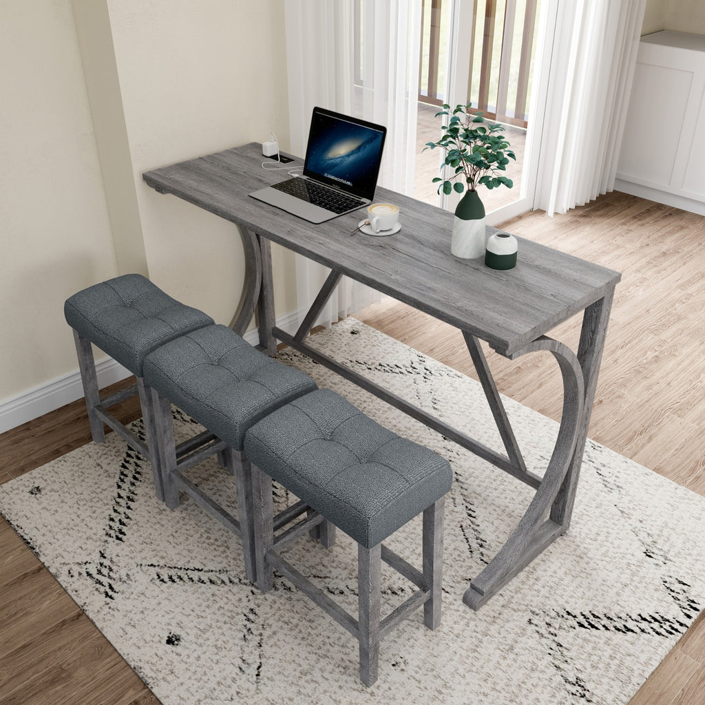 Bar Table Set With Power Outlet, Bar Table And Chairs Set, 4 Piece Dining Table Set, Industrial Brea