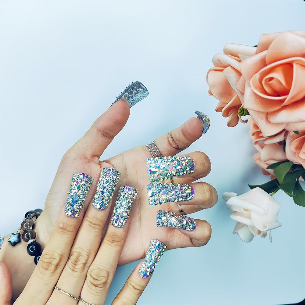 Full Diamond Duck Nails Medium Square ReusablePMMA Acrylic Nails Handmade Full Coverage Deluxe 3DCrystal Fake Nail With Box Gift For Women,Aurora Edge
