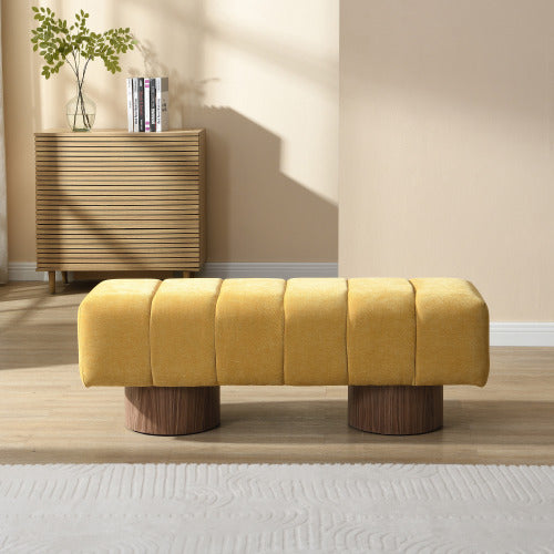 Upholstered Dining Bench For Dining Room, No-Assembly End Of Bed Entryway Bench Ottoman For Bedroom Living Room, Beige Chenille Fabric Stool Top Wood Leg 300 LBS Weight Capacity
