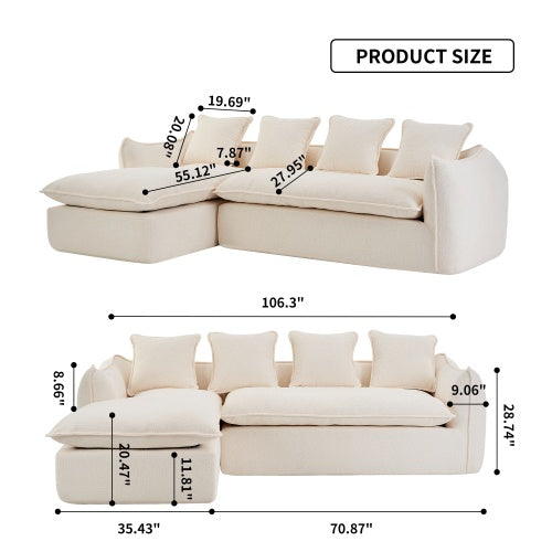 Sofa Deep Seat Sofa 3 Seater For Living Room Oversized Comfy Sofa L-Shape Sofa Couch With Chaise Home Furniture Sleeper Sectional Sofa For Apartment, Office Left Hand Facing