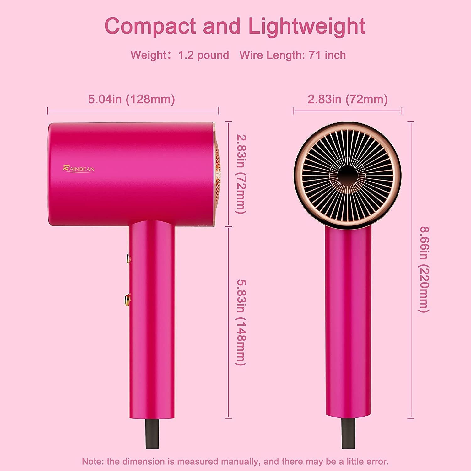 Ionic Hair Dryer, 1800W Blow Dryer With Magnetic Nozzle 2 Speed And 3 Heat Settings Powerful Low Noise Fast Drying Travel Hair Dryer For Home Travel