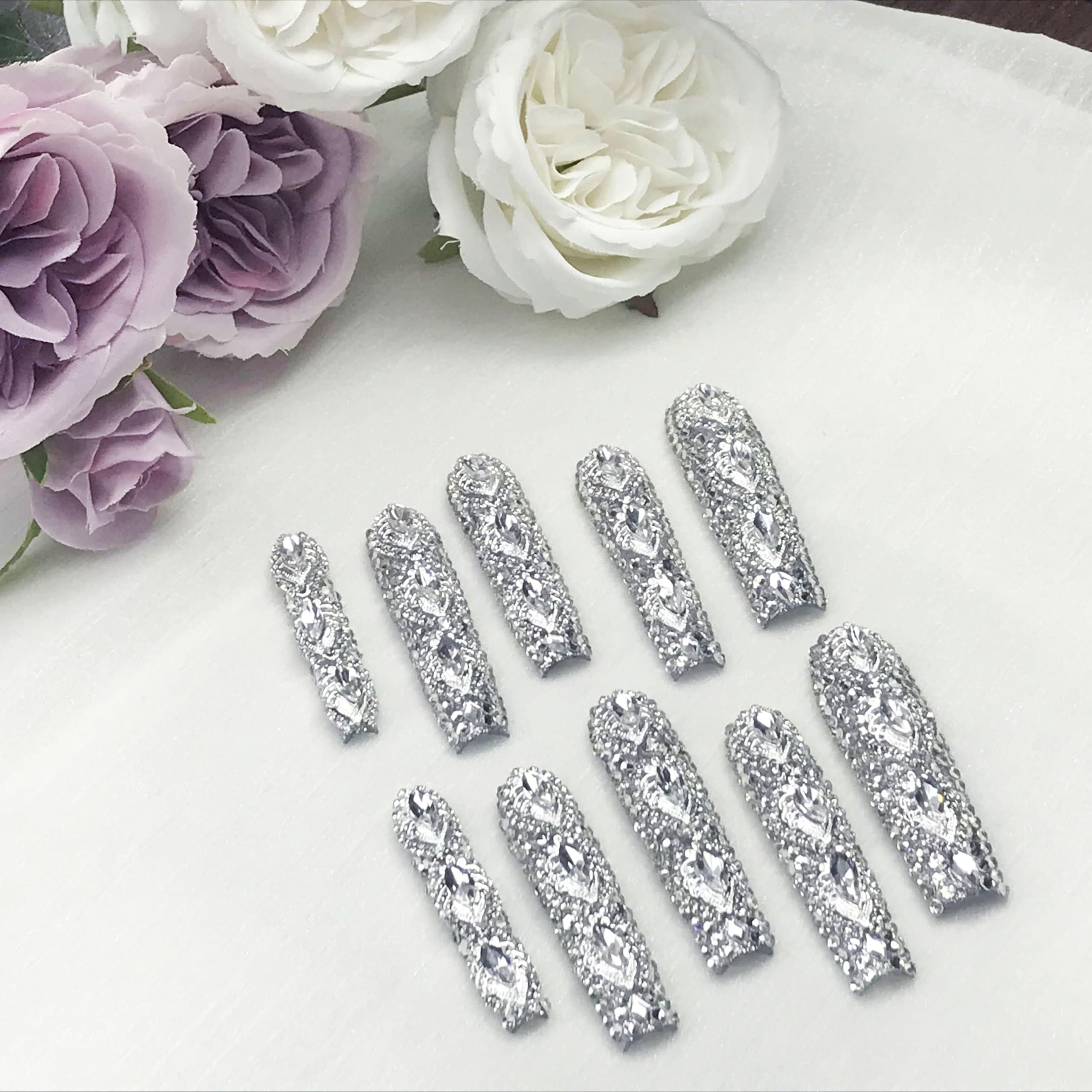 "Queen " Full Diamond Long NailsPMMA Acrylic Handmade Full Deluxe 3D Crystal Fake Nailsw Box, Gift For Women,Luxe Divinity