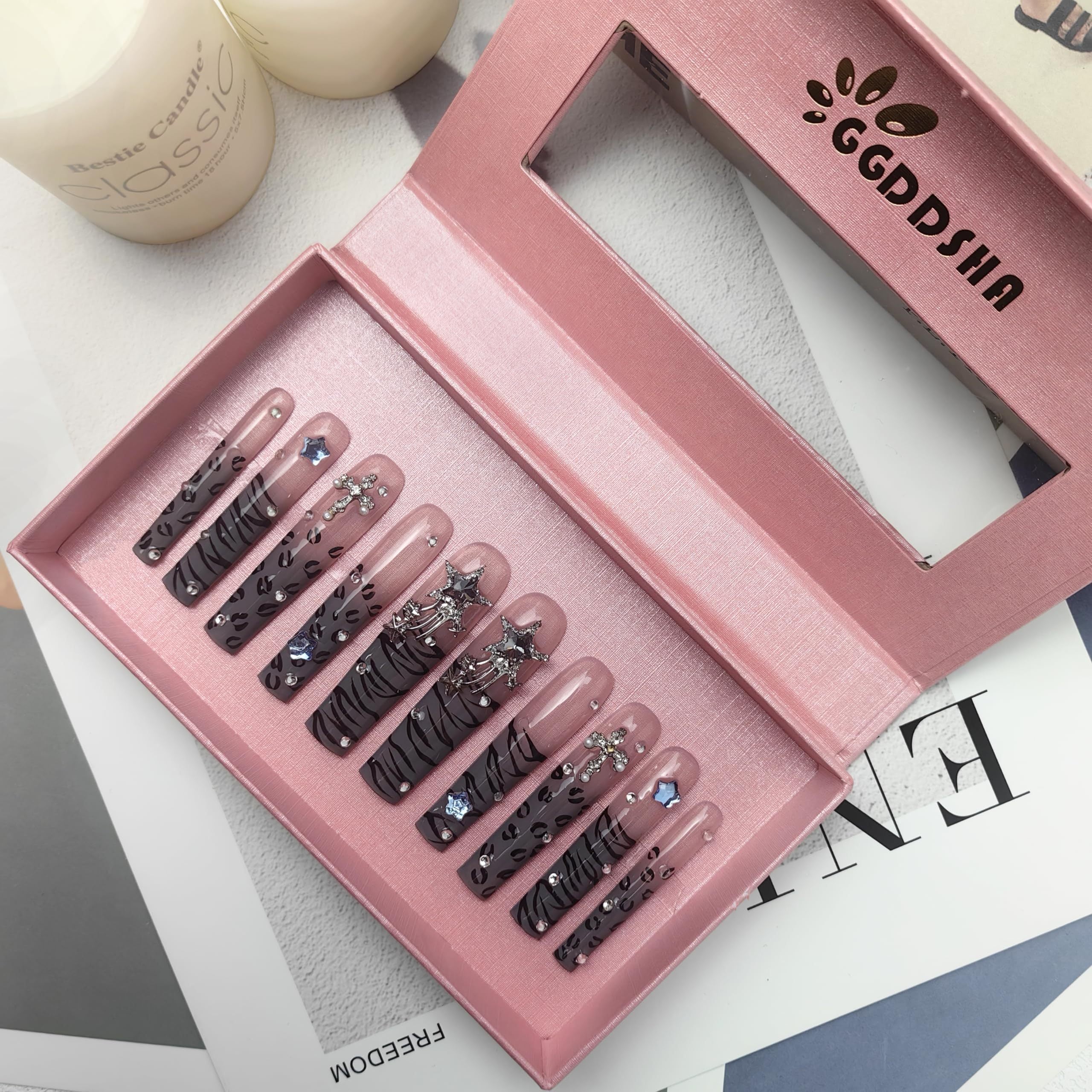 "Wild Side" Acrylic Nails Press On Nails Kit WithBox Gifts For Women,Stellar Stripe