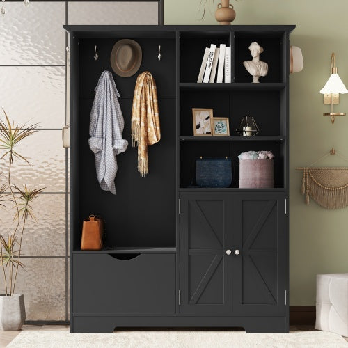 Multi-functional Hall Tree With Storage Shelves Drawers And Cabinet, Elegant Hallway Shoe Cabinet With Bench, Modern Coat Rack With Hooks For Hallway Entryways