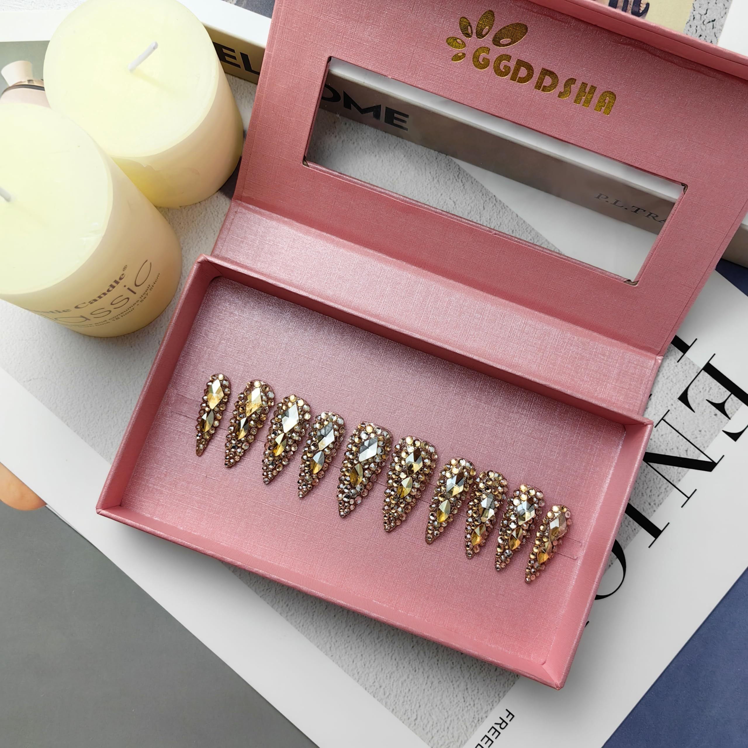 "Golden Hour" Full Diamond Medium Almond Press On NailsReusable PMMA Acrylic Handmade Nails Full Deluxe 3DCrystal Fake Nails W Box Gift For Women,Crown Jewel