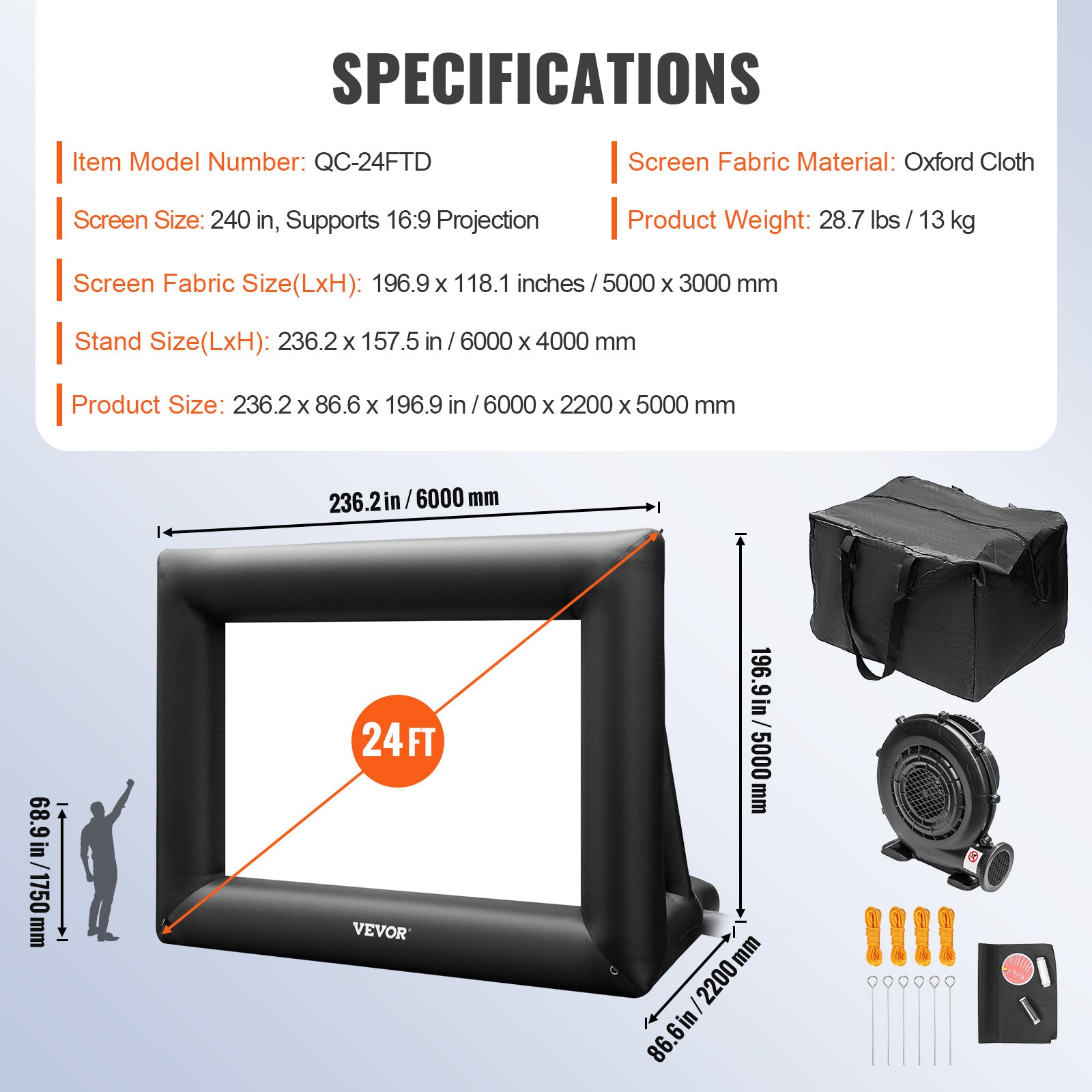 VEVOR Inflatable Movie Screen 24FT 288inch  Inflatable Projector Screen For Outside With 360W Air Blower Inflatable Screen Oxford Fabric Material Blow Up Screen For Outdoor Movie Supports Front Rear P