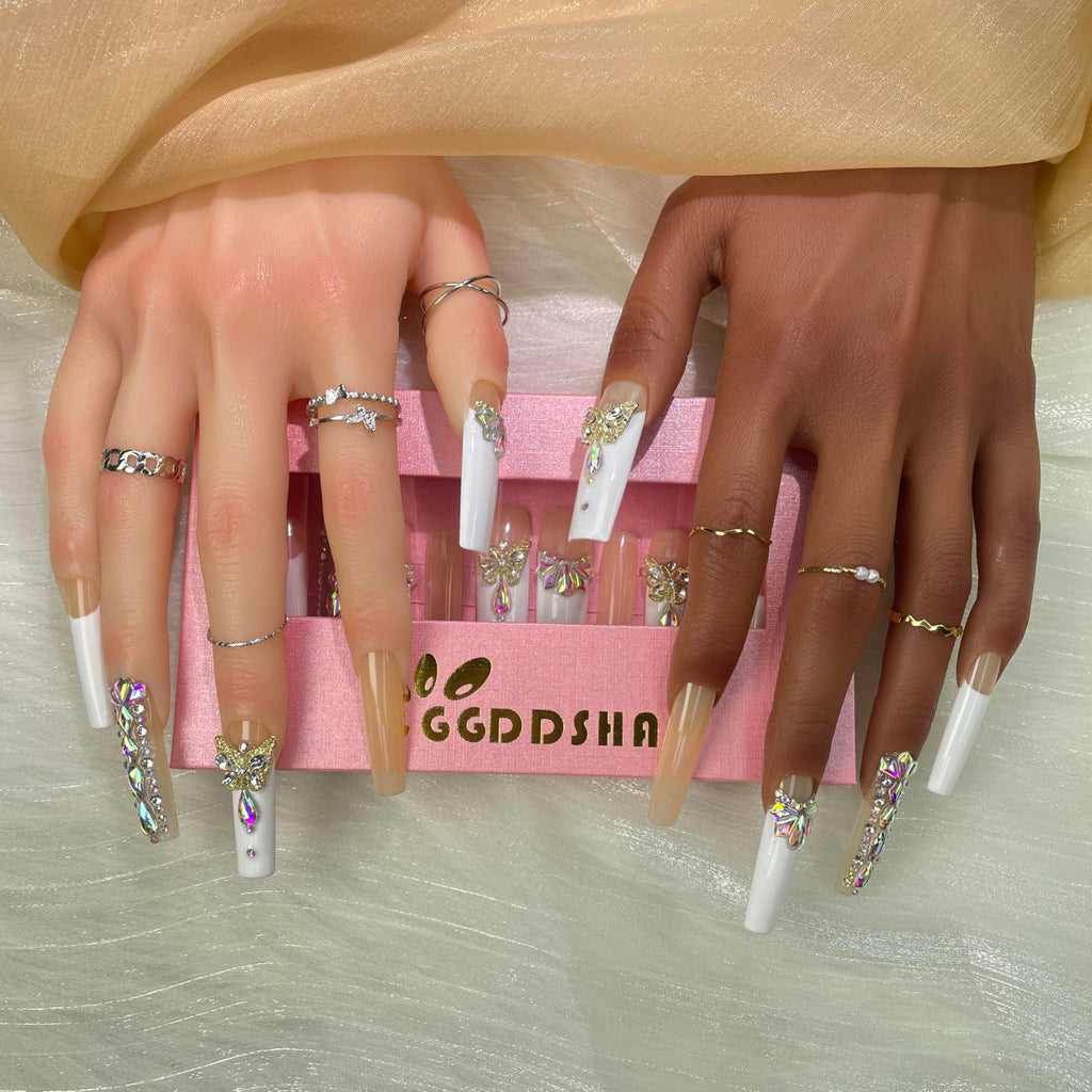 "Girls Night" Nails  With 3D Flower  Press Ons French Tip,Handmade Acrylic Artificial Nails Summer Natural Stick OnNails For WomenOpal Whisper