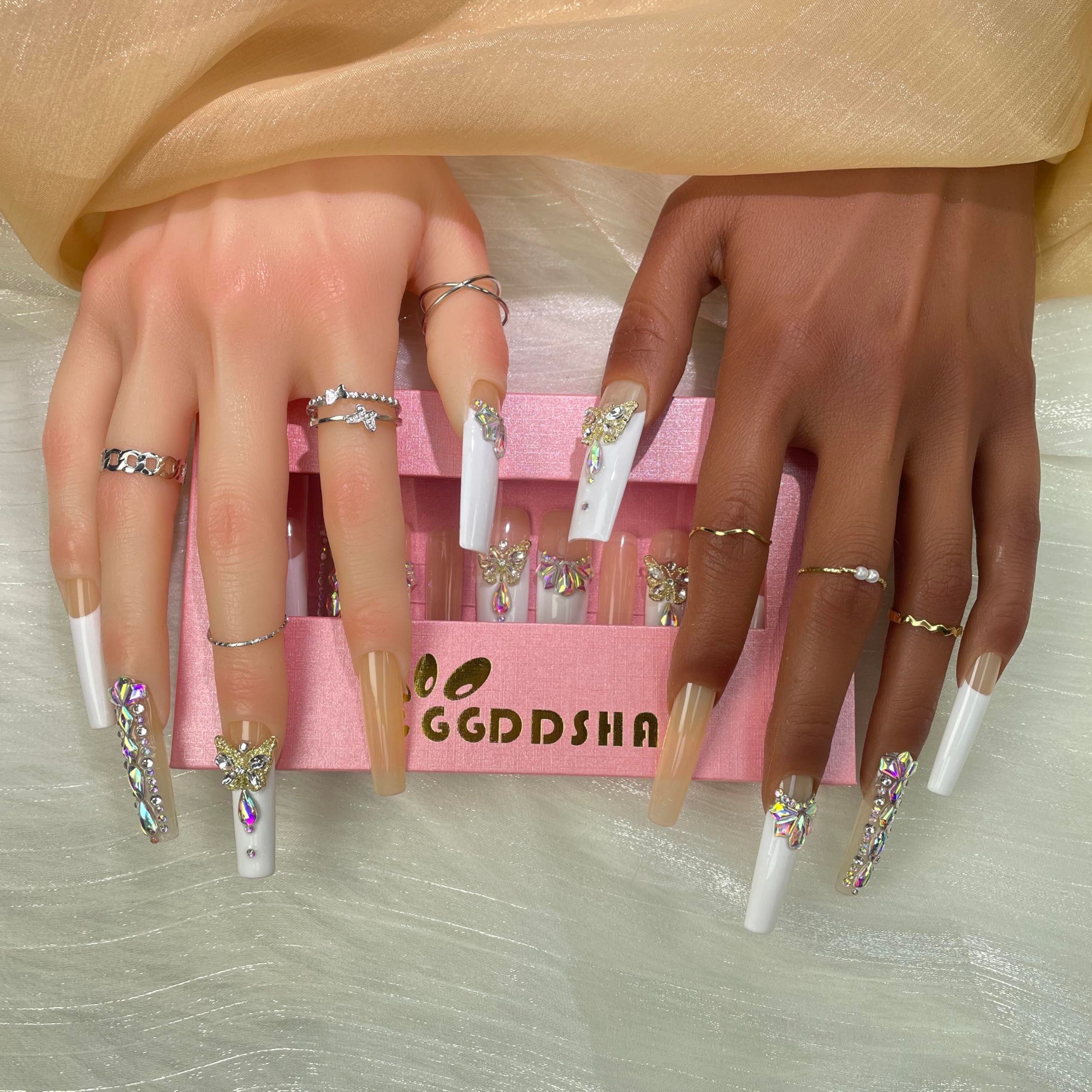 "Girls Night" Nails  With 3D Flower  Press Ons French Tip,Handmade Acrylic Artificial Nails Summer Natural Stick OnNails For WomenOpal Whisper