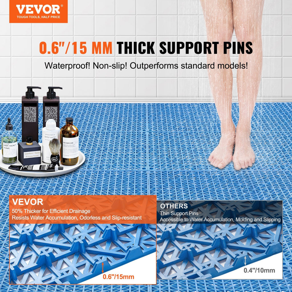 VEVOR Interlocking Tile 50PCS Blue, Drainage Tiles  Splicing, PVC Interlocking Drainage Floor Tiles, Non-Slip Drainage Holes For Restroom, Bathroom, Kitchen, Pool, Wet Areas