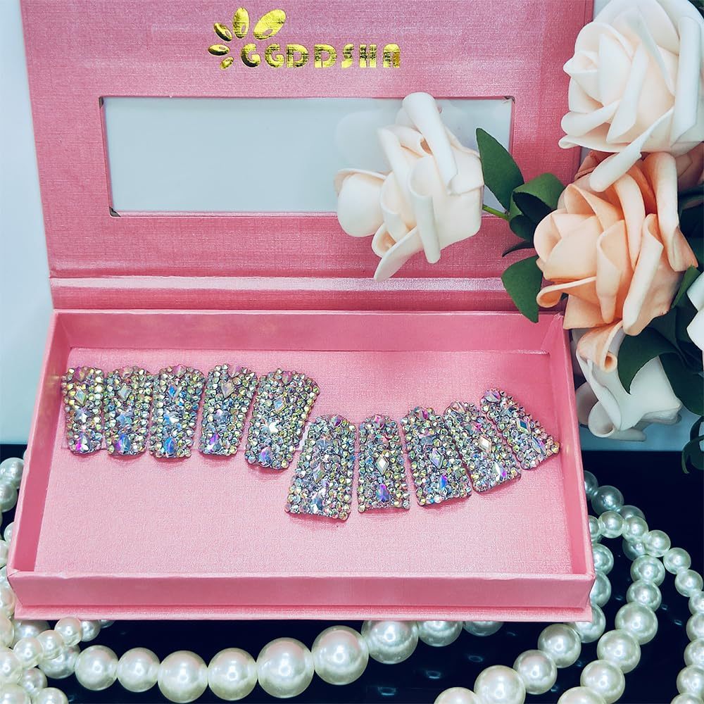 Full Diamond Duck Nails Medium Square ReusablePMMA Acrylic Nails Handmade Full Coverage Deluxe 3DCrystal Fake Nail With Box Gift For Women,Aurora Edge