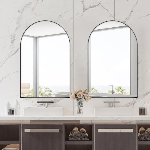 24x36 Inch Arched Recessed Medicine Cabinet, Metal Framed Bathroom Wall Cabinet With Mirror And Adjustable Shelves, Wall Mirror With Storage For Bathroom, Matte Black