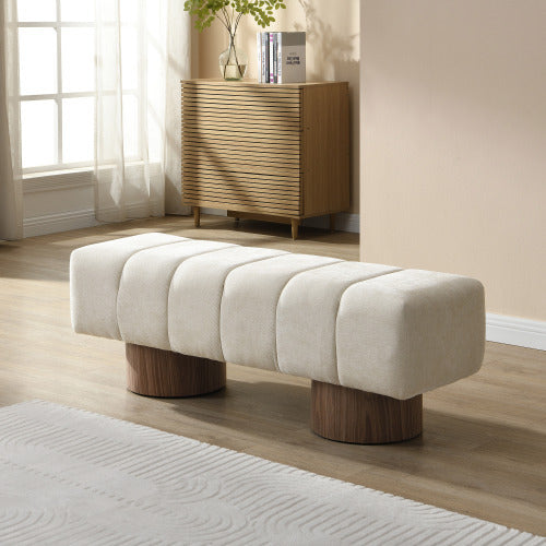 Upholstered Dining Bench For Dining Room, No-Assembly End Of Bed Entryway Bench Ottoman For Bedroom Living Room, Beige Chenille Fabric Stool Top Wood Leg 300 LBS Weight Capacity