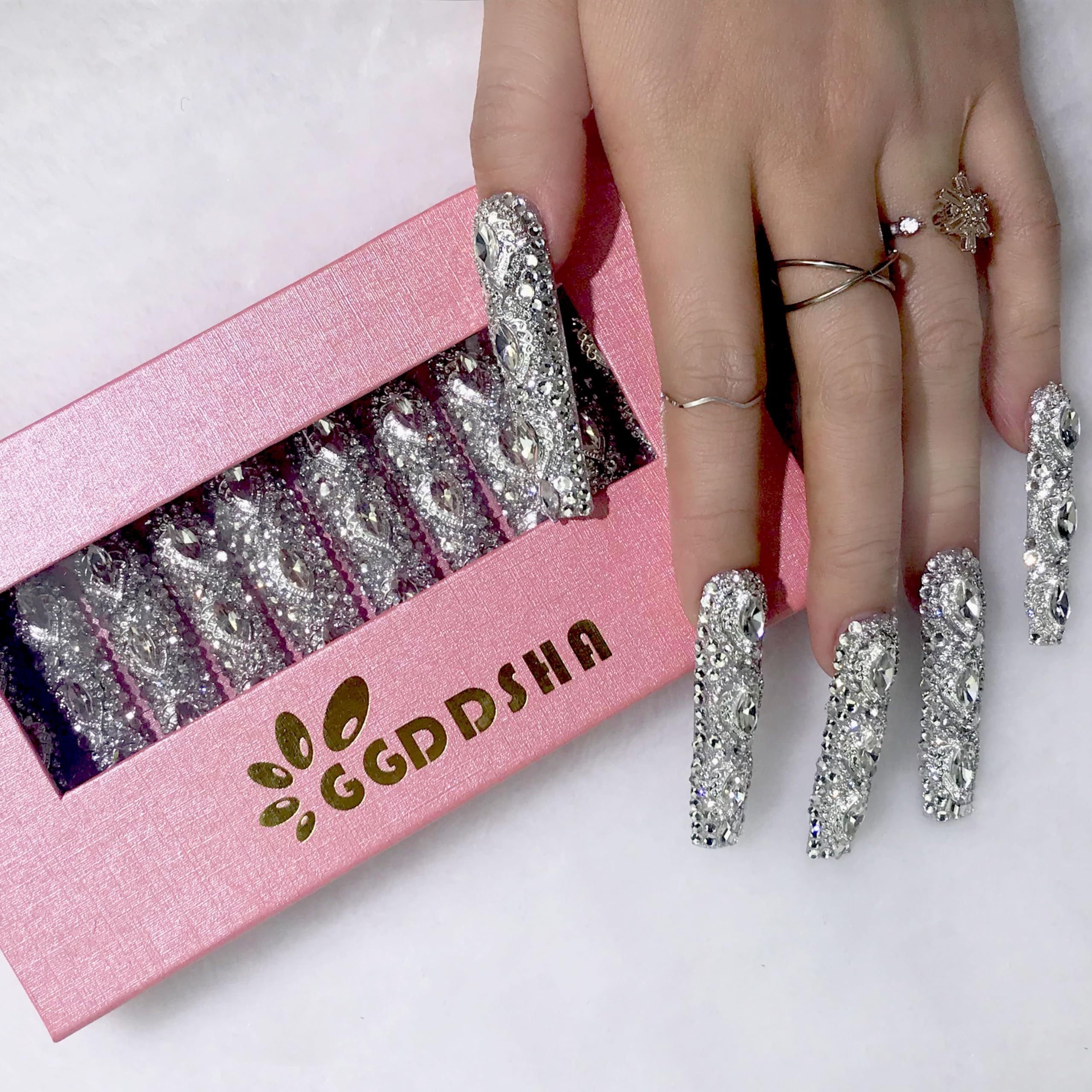 "Queen " Full Diamond Long NailsPMMA Acrylic Handmade Full Deluxe 3D Crystal Fake Nailsw Box, Gift For Women,Luxe Divinity