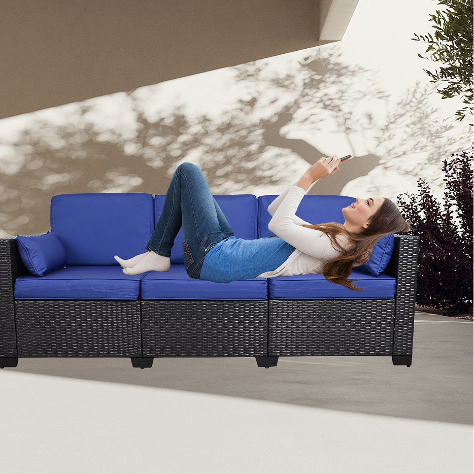 3-Seat Patio Wicker Sofa, Outdoor Rattan Sectional Couch Furniture Steel Frame With Furniture Cover Non-Slip Cushion