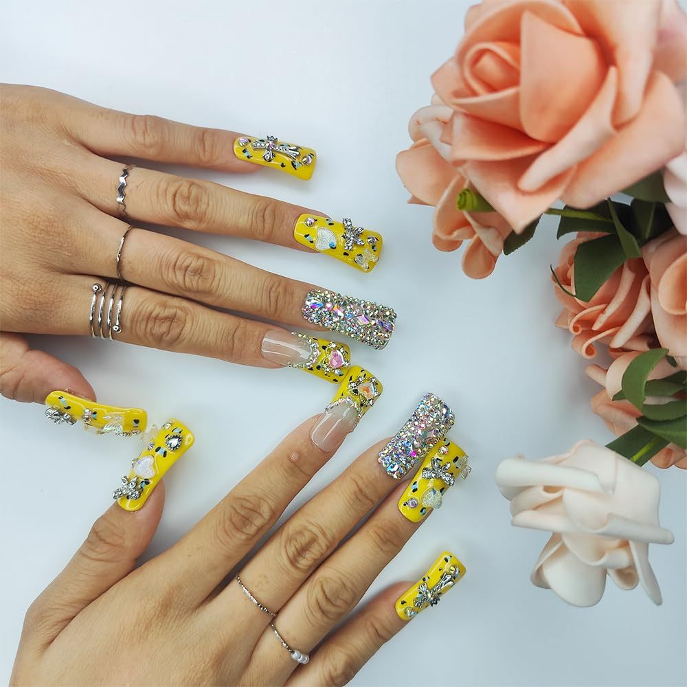 "Lemonade" Duck Nails Handmade PMMA Acrylic MediumSquare Fake Nails With Rhinestones Love Butterfly DesignReusable Full Coverage Duck Ladies Fake Nail,Sunlit Cherub
