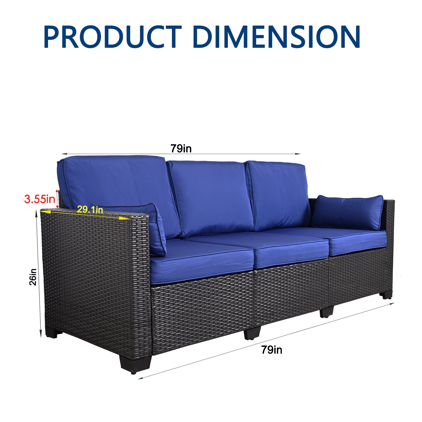 3-Seat Patio Wicker Sofa, Outdoor Rattan Sectional Couch Furniture Steel Frame With Furniture Cover Non-Slip Cushion