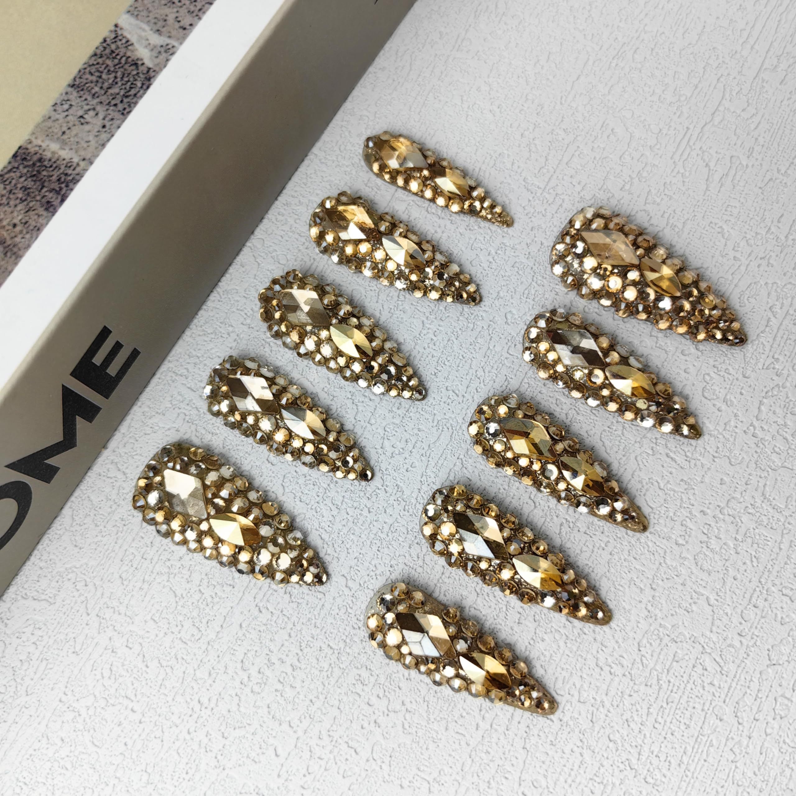 "Golden Hour" Full Diamond Medium Almond Press On NailsReusable PMMA Acrylic Handmade Nails Full Deluxe 3DCrystal Fake Nails W Box Gift For Women,Crown Jewel