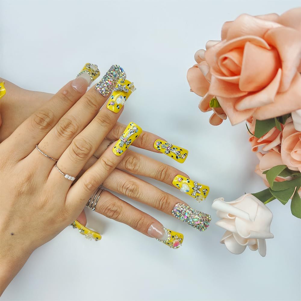 "Lemonade" Duck Nails Handmade PMMA Acrylic MediumSquare Fake Nails With Rhinestones Love Butterfly DesignReusable Full Coverage Duck Ladies Fake Nail,Sunlit Cherub