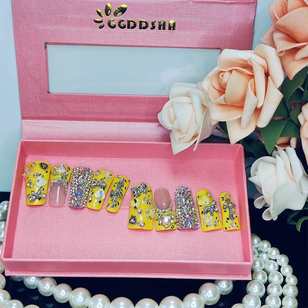 "Lemonade" Duck Nails Handmade PMMA Acrylic MediumSquare Fake Nails With Rhinestones Love Butterfly DesignReusable Full Coverage Duck Ladies Fake Nail,Sunlit Cherub