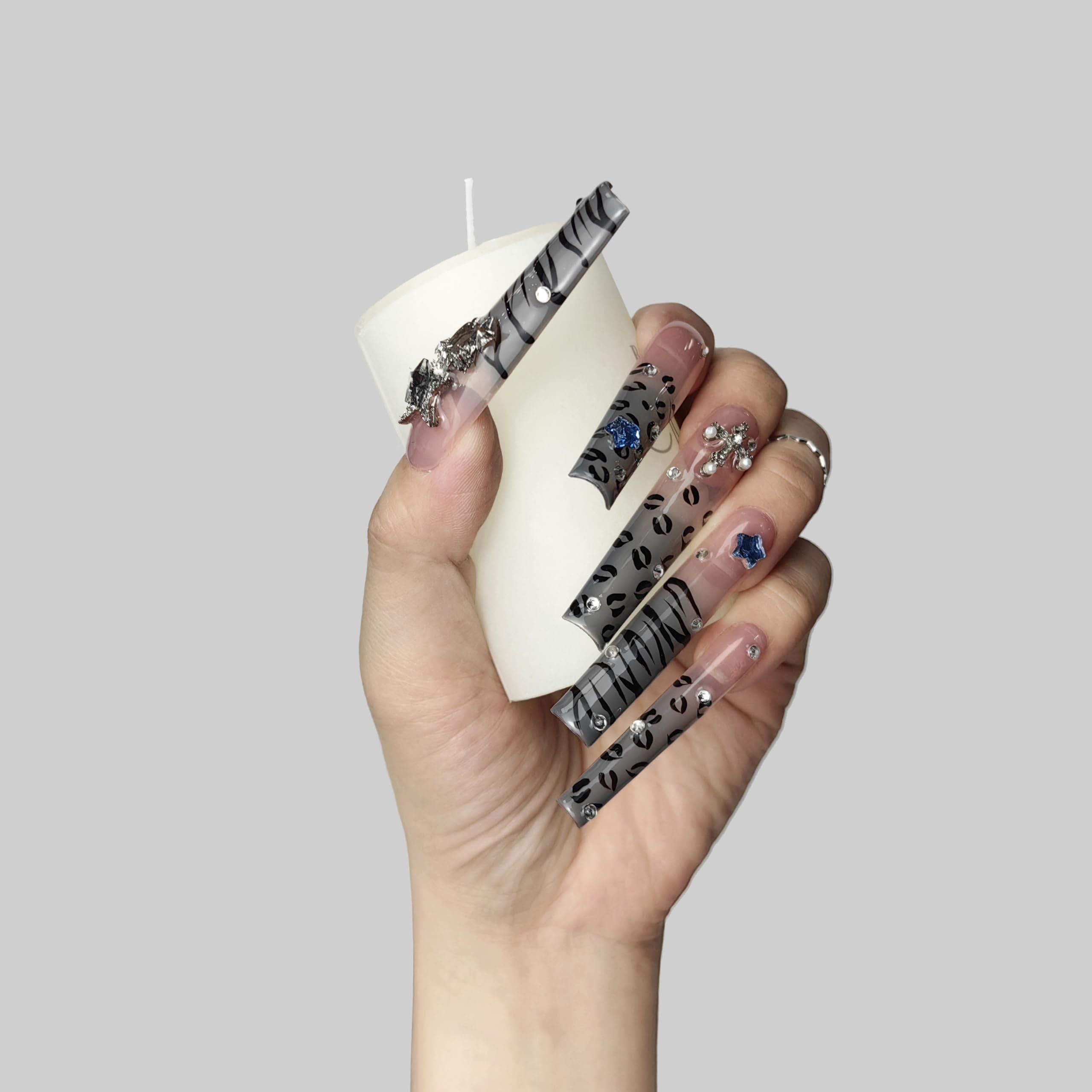 "Wild Side" Acrylic Nails Press On Nails Kit WithBox Gifts For Women,Stellar Stripe
